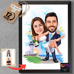 Caricatura de casamento – Desenho personalizado de noivos a partir de foto, presente de casamento exclusivo, casal engraçado, foto de desenho animado, casamento e garrafa
