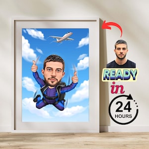 Custom Male Skydiver Caricature, Cartoon Portrait, Custom Skydiver Drawing from Photo, Funny Skydiver Caricature, Gift for Skydiver