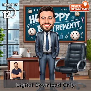Caricatura personalizada de aposentadoria masculina, Homem em sala de escritório, Retrato de desenho animado personalizado, Presente de despedida personalizado, Arte digital em 12h, Chefe engraçado