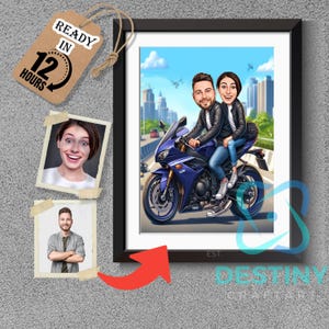 Custom Couple Motorcycle Caricature: Personalized Biker Portrait (Digital Download)