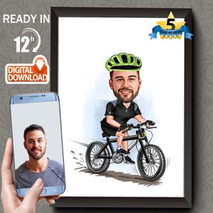 Personalized Cyclist Caricature Portrait: Custom Biker Gift (Digital Download)