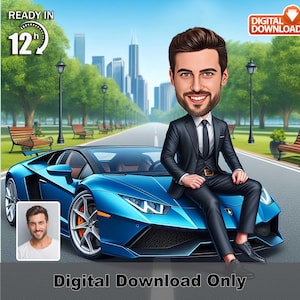 Custom Male Boss Caricature with Sports Car –Custom Digital Photo, Funny Executive Cartoon Gift for Him, Luxury Car Art, Ready in 12h