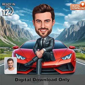 Male Boss Caricature with Red Sports Car in mountain area– Custom Digital Portrait from Photo, Funny Executive Cartoon Gift for Him, Luxury