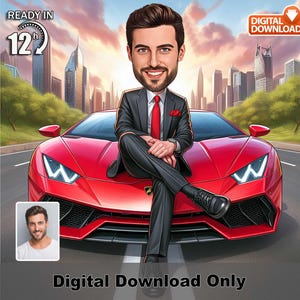 Male Boss Caricature with Red Sports Car –Custom Digital Portrait from Photo, Funny Executive Cartoon Gift for Him, Luxury Car, Ready in 12h