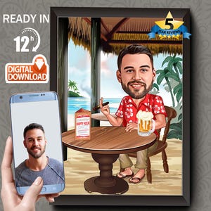 Custom Beach Caricature Portrait: Retirement Vacation Gift (Digital Download)