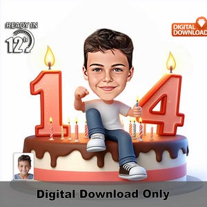 Benutzerdefinierte männliche 14. Geburtstag Karikatur, Cartoon Fotokunst, Teen Geburtstagsgeschenk, lustige Party Illustration, personalisierte Feier Wanddekor,