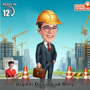 Caricatura personalizada de engenheiro de construção masculino, com chapéu e bolsa – Retrato digital personalizado a partir de foto, presente de desenho animado de trabalho engraçado para ele,