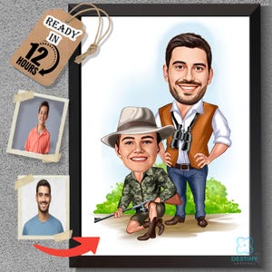 Father with Son Hunting Caricature Portrait, Customized Cartoon Hunter Portrait from Photo, Digital Hunter Poster Gift, Fathers Day Gift,