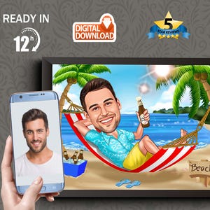Custom Beach Vacation Caricature: Personalized Retirement Gift (Digital Download)