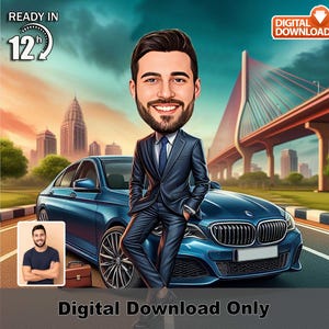 Male Boss Caricature with Luxury Car –Custom Digital Portrait from Photo, Funny Executive Cartoon Gift for Him, Luxury Car, Ready in 12 Hour