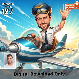 Caricatura personalizada de piloto masculino – download digital personalizado de desenho animado de aviador com avião, presente engraçado de piloto para ele, pronto em 12 horas