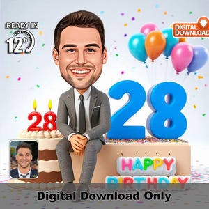 Caricatura personalizzata di buon compleanno per il 28° capo maschile con torta, foto artistica in stile fumetto, regalo di compleanno per adolescenti, illustrazione divertente per feste, parete celebrativa
