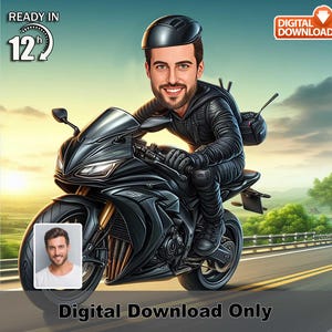 Caricatura personalizada de motociclista masculino, retrato personalizado de motociclista, presente personalizado de motociclista para ele, arte divertida de desenho animado digital, pronto em 12 horas