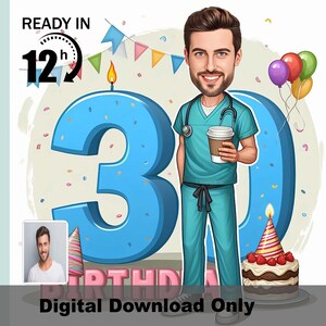 30歳の誕生日に贈る医師の似顔絵 - 医師の似顔絵ギフト - 医師や医療従事者のためのパーソナライズされた医療漫画