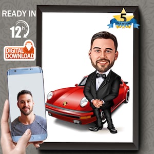 Personalize Business Man with Luxury Car Caricature, Businessman Caricature, Big Boss Caricature, Success Celebration Caricature