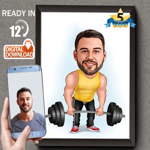 Personalized Fitness Caricature: Custom Weightlifter Portrait (Digital Download)