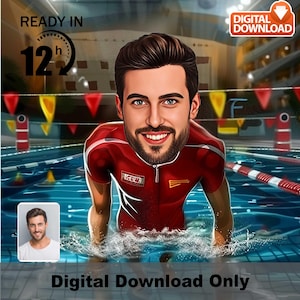 Caricatura personalizada de nadador masculino – Retrato masculino nadando – Presente engraçado para nadadores e fãs de esportes aquáticos, super nadador, foto de desenho animado