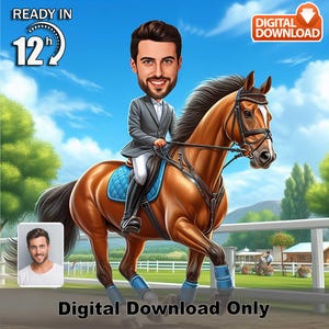 Caricatura personalizada de cavaleiro masculino, pista de corrida, retrato de desenho animado equestre, presente personalizado, arte digital em 12 horas, cavaleiro engraçado,