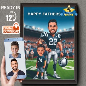 Ritratto di papà e figlio giocatori di football americano, ritratto divertente di papà giocatore di football, regalo per papà, caricatura di papà, caricatura di giocatore di football da foto,