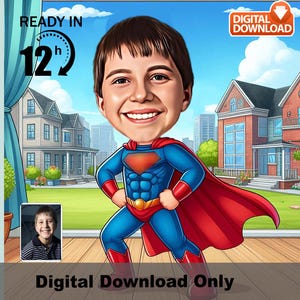 Caricatura personalizada de menino super-herói, arte fotográfica de desenho animado, presente personalizado para crianças, ilustração engraçada para crianças, decoração de parede de aniversário com tema de herói