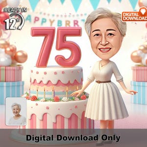 Caricatura personalizzata per il 75° compleanno di una donna, foto artistica in stile cartoon, regalo divertente per festeggiare l'anzianità, decorazione murale personalizzata per feste, opera d'arte per celebrare un traguardo importante.