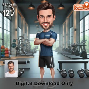 Caricatura personalizada de homem na academia – Foto de retrato de fitness personalizada, presente de desenho animado de fisiculturista personalizado, arte digital em 12h, fisiculturista engraçado
