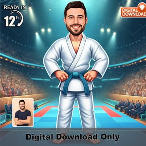 Custom Male martial arts caricature, cartoon photo art, fighter illustration, karate or taekwondo gift, funny athlete wall décor,