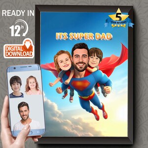 Custom Superhero Dad and Kids Cartoon Portrait (Digital Download)