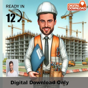 Custom Construction Worker Caricature: Personalized Contractor Portrait (Digital Download)