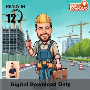 Custom Construction Worker Caricature: Personalized Cartoon Portrait (Digital Download)