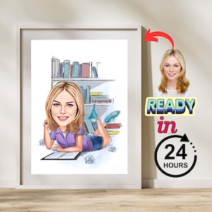 Female Author Customized Cartoon, Custom Caricature Poet Figure, Novelist Personalized Gift, Best Gift for Composer, Digital Download