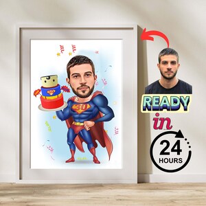 Personalisiertes männliches Geburtstags-Superheld-Karikaturporträt, kundenspezifische Geburtstagkarikatur, Geschenk für männlich, Geburtstagskarikatur, Karikatur vom Foto