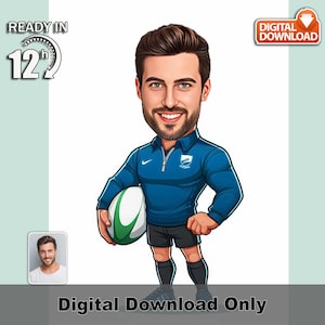 Caricatura personalizzata di un allenatore di rugby maschile, foto artistica in stile fumetto, regalo sportivo personalizzato, illustrazione divertente di un leader di squadra, decorazione murale sportiva per lui