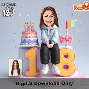 Benutzerdefinierte Mädchen 18. alles Gute zum Geburtstag Karikatur Kuchen, Cartoon-Fotokunst, personalisiertes Meilensteingeschenk, lustige Partyillustration, Wanddekor sie