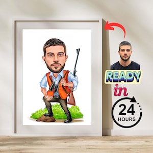 Personalized Hunter Cartoon Portrait, Custom Hunter Caricature Drawing from Photo, Funny Hunter Caricature, Gift for Hunter