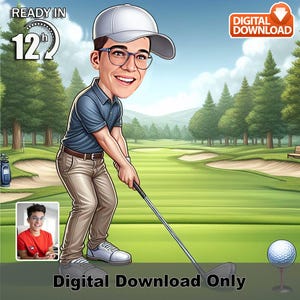 Caricatura personalizada de jogador de golfe masculino, retrato de golfe de desenho animado personalizado, presente esportivo personalizado para ele, arte digital engraçada de golfe, pronto em 12 horas