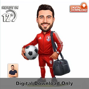 Aangepaste karikatuur mannelijke voetbalcoach Hawaii, foto cartoon, gepersonaliseerd cadeau, grappige illustratie teamcoach, voetbalcoach met tas