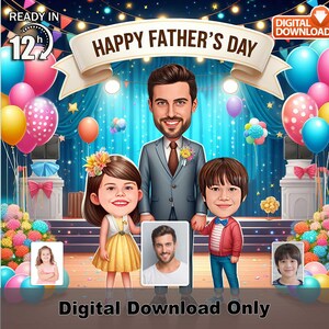 Caricatura personalizada para o Dia dos Pais com crianças, arte fotográfica em desenho animado, presente para pai e família, ilustração engraçada para pai, decoração de parede comemorativa para ele,