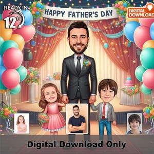 Caricatura personalizada del Día del Padre: Retrato familiar (Descarga digital, archivo JPEG/PDF tamaño A3)