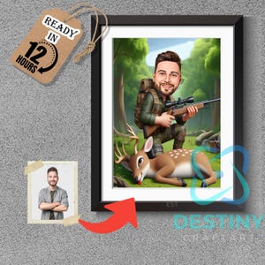 Hunter Caricature – Custom Hunting Portrait from Photo, Personalized Outdoor Gift, Hunter with Rifle and Deer Cartoon, funny hunter