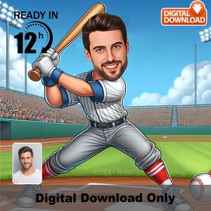 Caricatura personalizada de jogador de beisebol masculino – Retrato personalizado de atleta masculino – Presente engraçado para fãs de beisebol e amantes de esportes, foto de desenho animado,