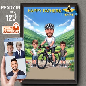 Radfahrer-Vater und Sohn-Karikaturporträt, lustiges Radfahrer-Vater-Porträt, das Geschenk des Vaters, Papa-Karikatur, Radfahrerkarikatur vom Foto, Vatertagsgeschenk