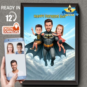 Custom Superhero Caricature Portrait, Dad and Son Superhero Cartoon Portrait, Gift for Family, Super Dad, Superhero Kids Photo, Father Day
