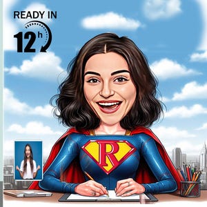 Custom Super Heroine Office Caricature, Hand-Drawn Caricature, Caricature From Photo, Personalized Caricature, Personalized Gift,