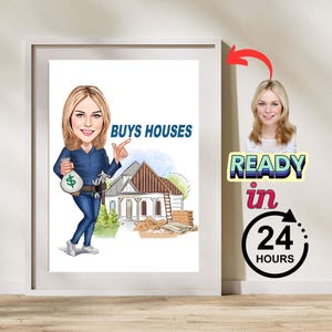 Custom Female Real Estate Agent Caricature, Portrait From Your Photo, Real Estate Broker Gift, Female Realtor Cartoon Drawing Portrait,