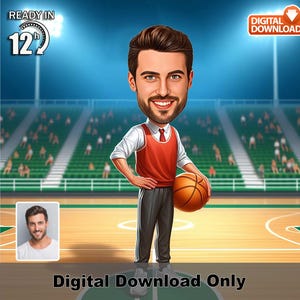Caricatura personalizada de treinador de basquete masculino – Foto de retrato digital personalizada, Presente esportivo de desenho animado personalizado para ele, Arte de quadra em 12 horas,