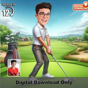 Caricatura personalizada de jogador de golfe masculino, retrato de golfe de desenho animado personalizado, presente esportivo personalizado para ele, arte digital engraçada de golfe, pronto em 12 horas