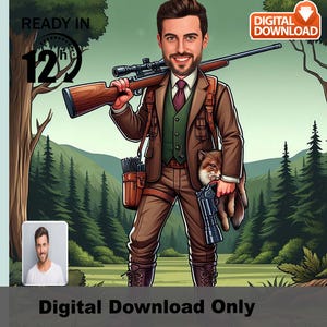 Custom Male Hunter Caricature from Photo – Portrait with Gun and Animal – Funny Gift for Hunters and Outdoor Adventure Lover, funny hunter