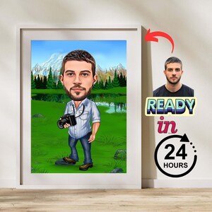 Personalized Traveler Caricature Drawing, Cartoon from Photo, Custom Hiking Portrait Drawing, Digital Art, Bobblehead, Gift for Him
