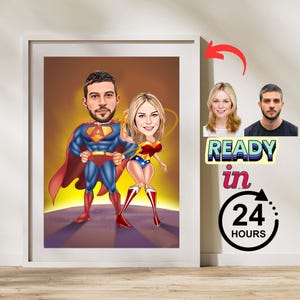 Personalized Couple Superhero Caricature Portrait, Valentines Day Gift Couple Superhero Portrait, Gift for Husband,